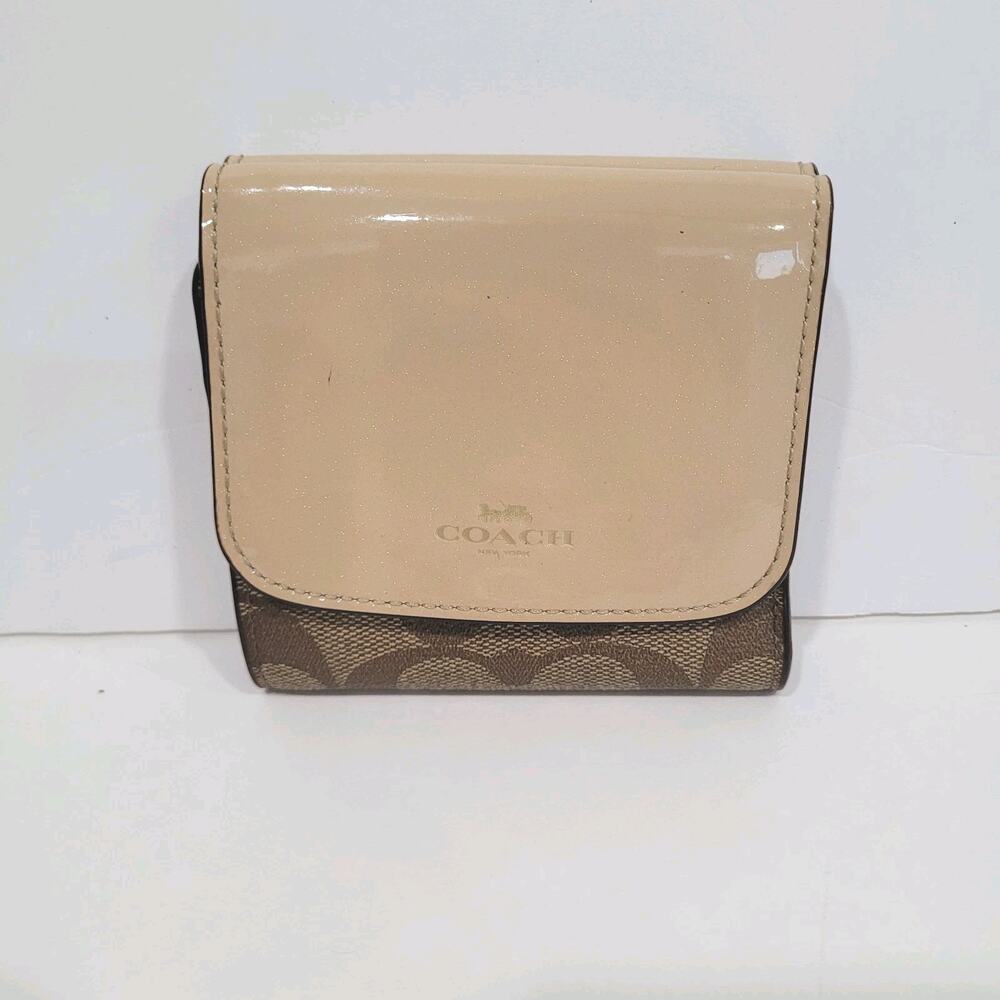 Coach Wallet Crossgrain Leather‎ Tan Card Small Tifold Compact Beige Damaged